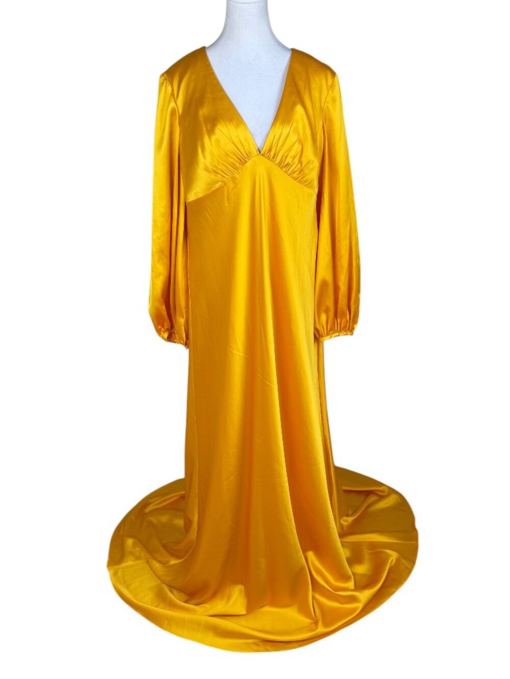 Ieena Mac Duggal Satin Gown Golden Yellow Marigold SatinV-Neck Long Sleeve (16)